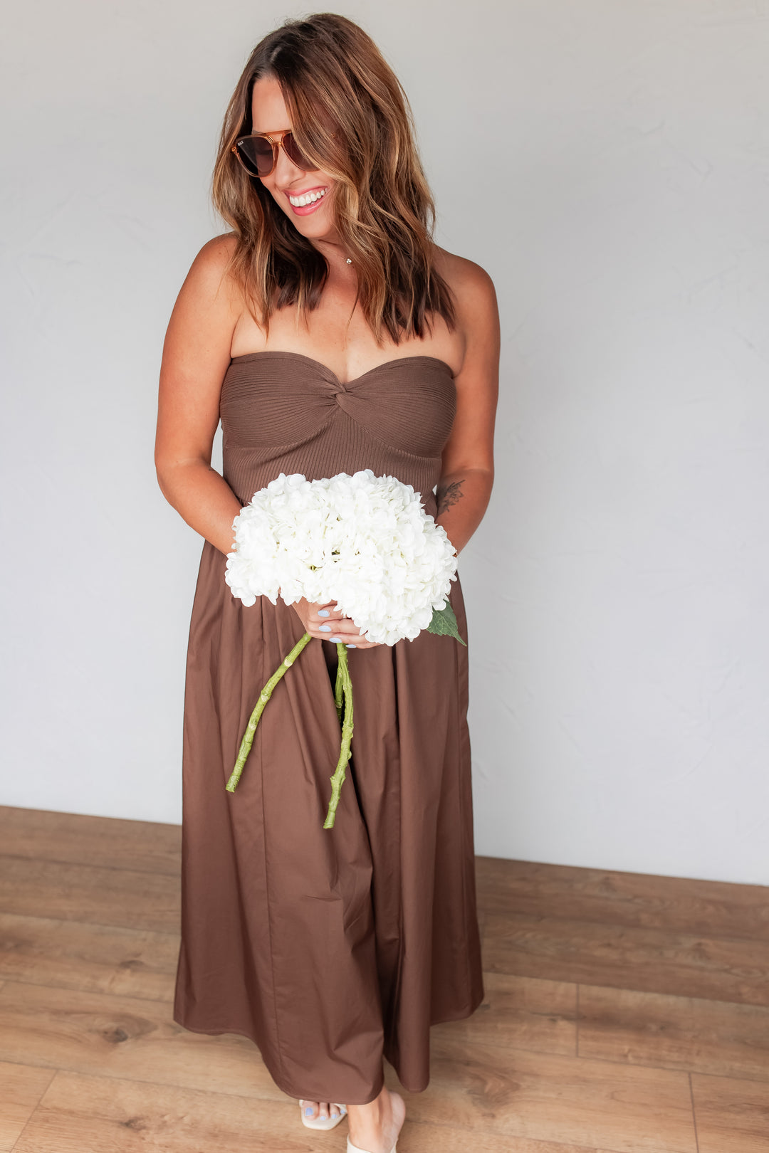 Strapless Brown Midi Dress for Women