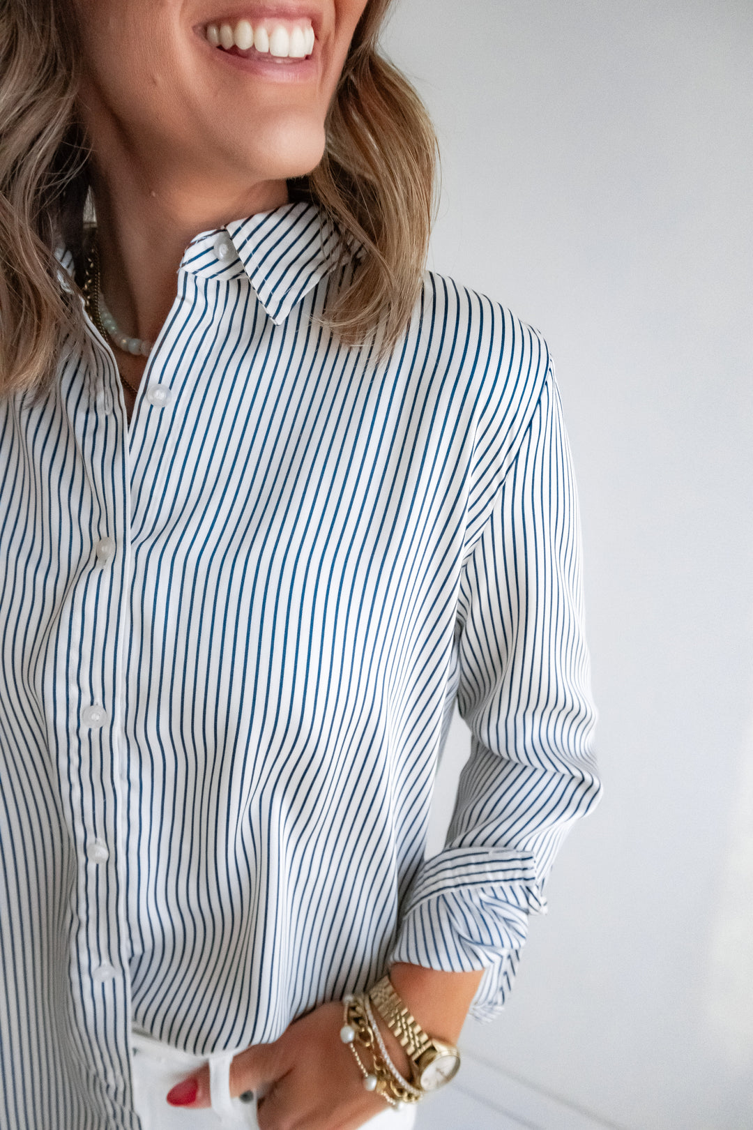 Navy white vertical stripe shirt women