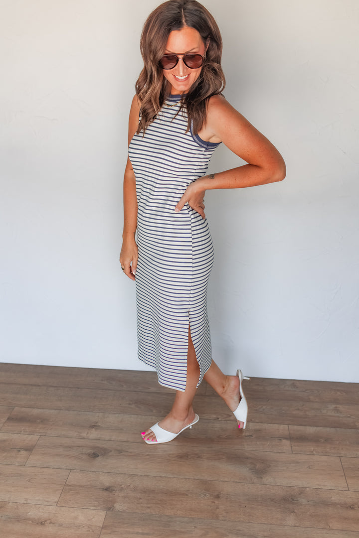 Striped midi dress for women in navy and cream sleeveless summer outfit