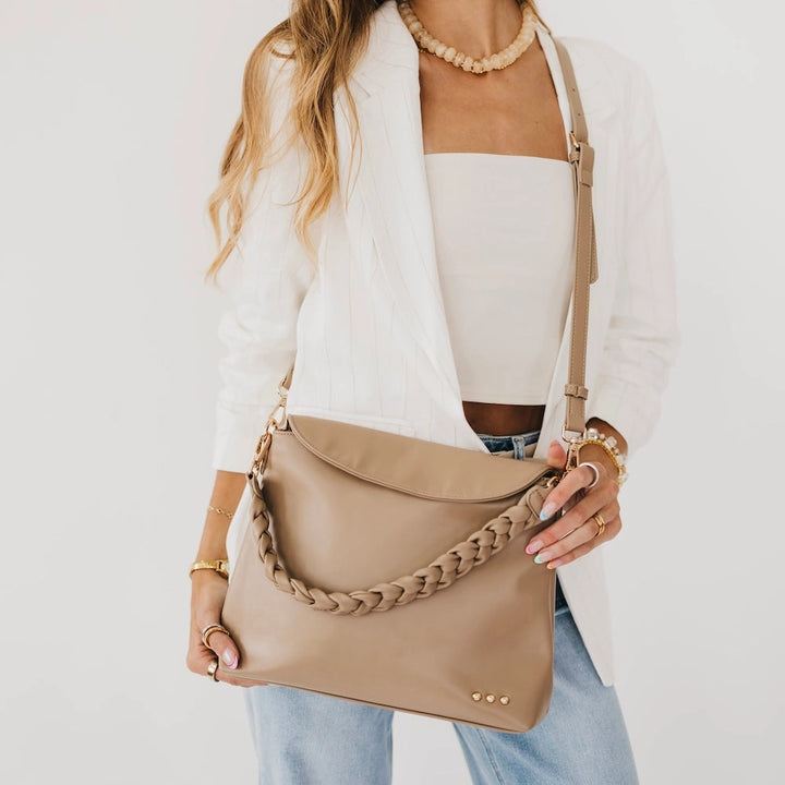 Taupe crossbody bag with braided strap and adjustable shoulder strap