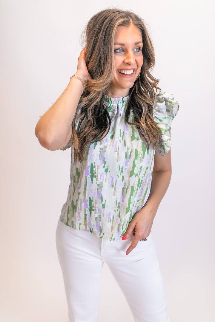 The Everly Abstract Blouse - Green/Purple Combo