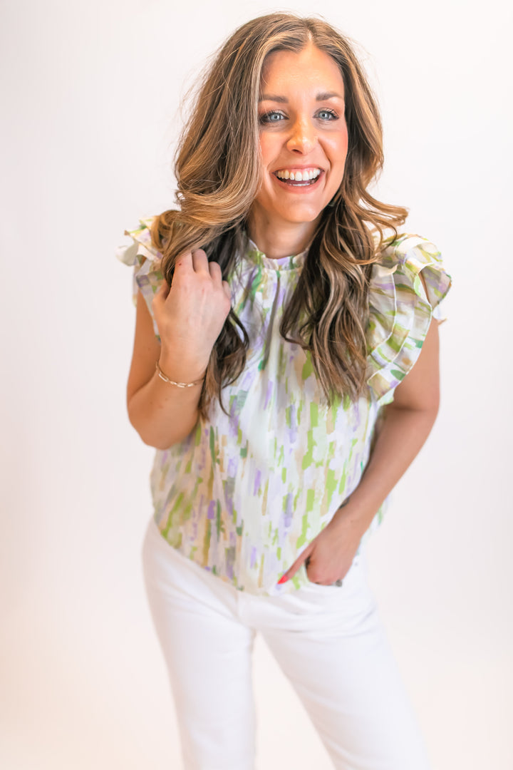 The Everly Abstract Blouse - Green/Purple Combo