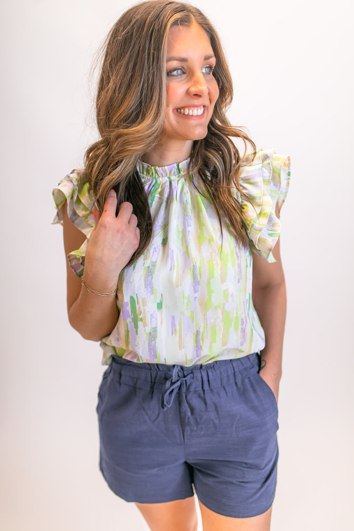 The Everly Abstract Blouse - Green/Purple Combo