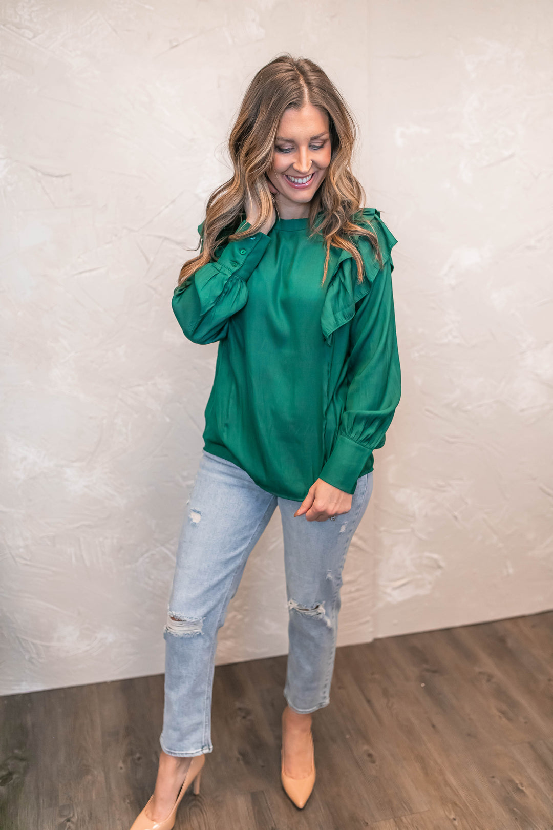 The Evie Ruffle Blouse - Emerald - One Eleven Olive Boutique