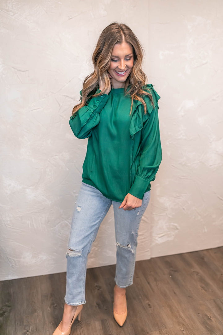 The Evie Ruffle Blouse - Emerald - One Eleven Olive Boutique
