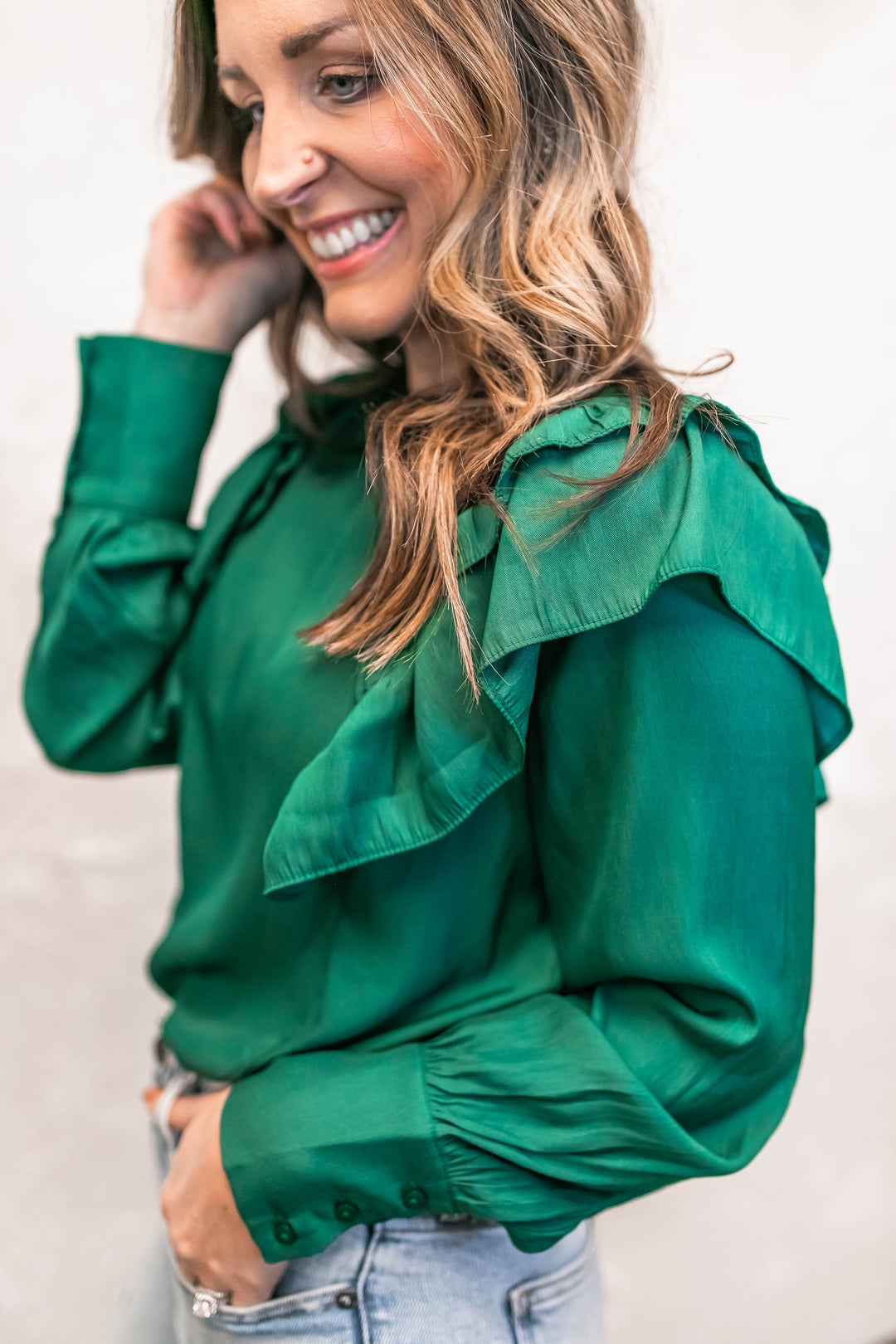 The Evie Ruffle Blouse - Emerald - One Eleven Olive Boutique