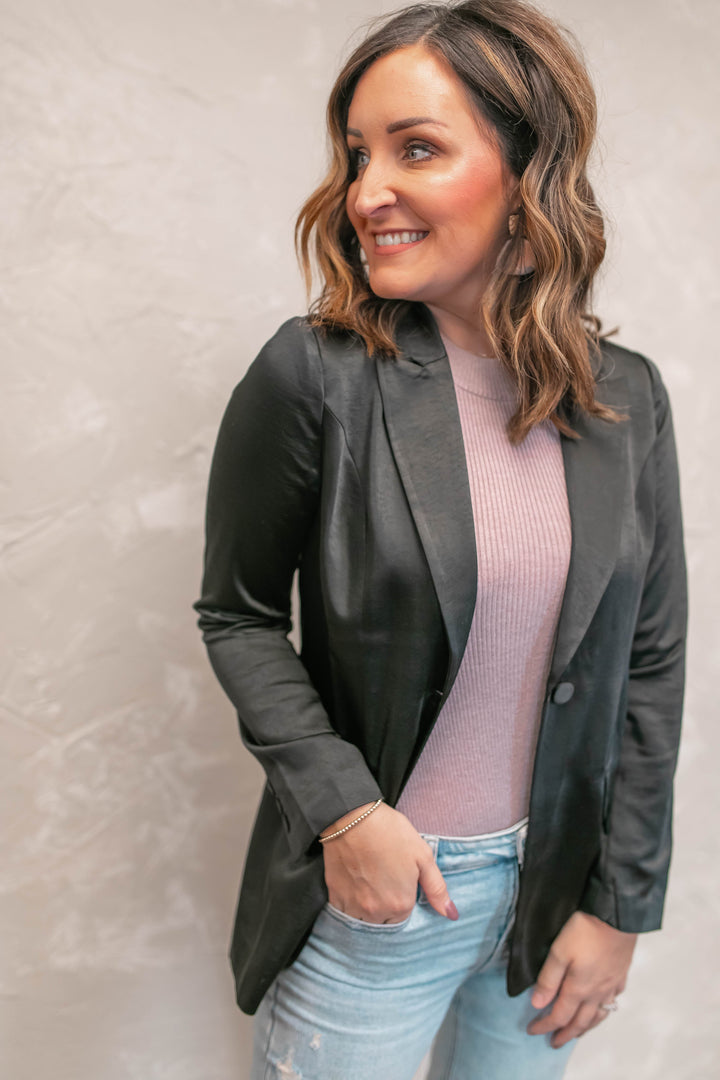 The Make a Move Black Satin Blazer - One Eleven Olive Boutique