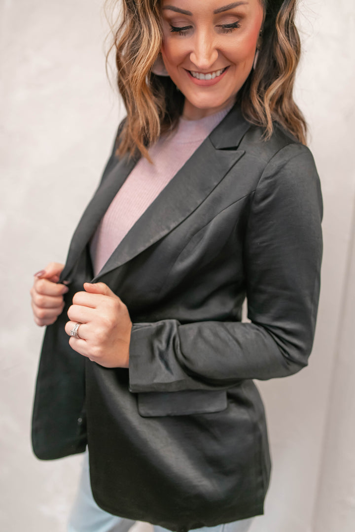 The Make a Move Black Satin Blazer - One Eleven Olive Boutique