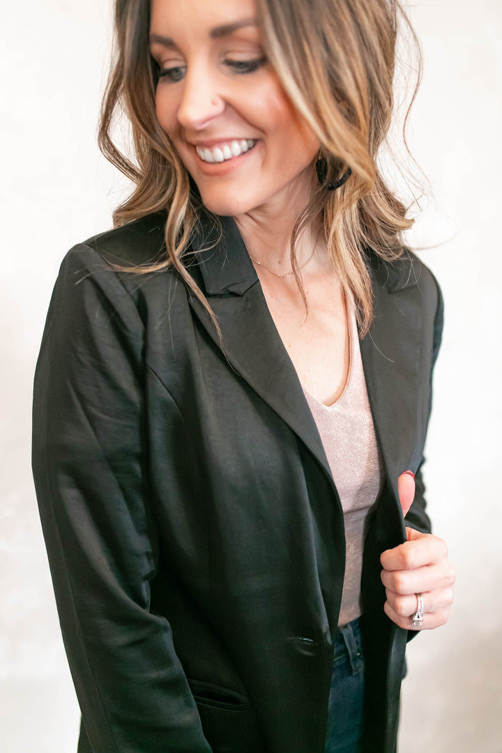 The Make a Move Black Satin Blazer - One Eleven Olive Boutique
