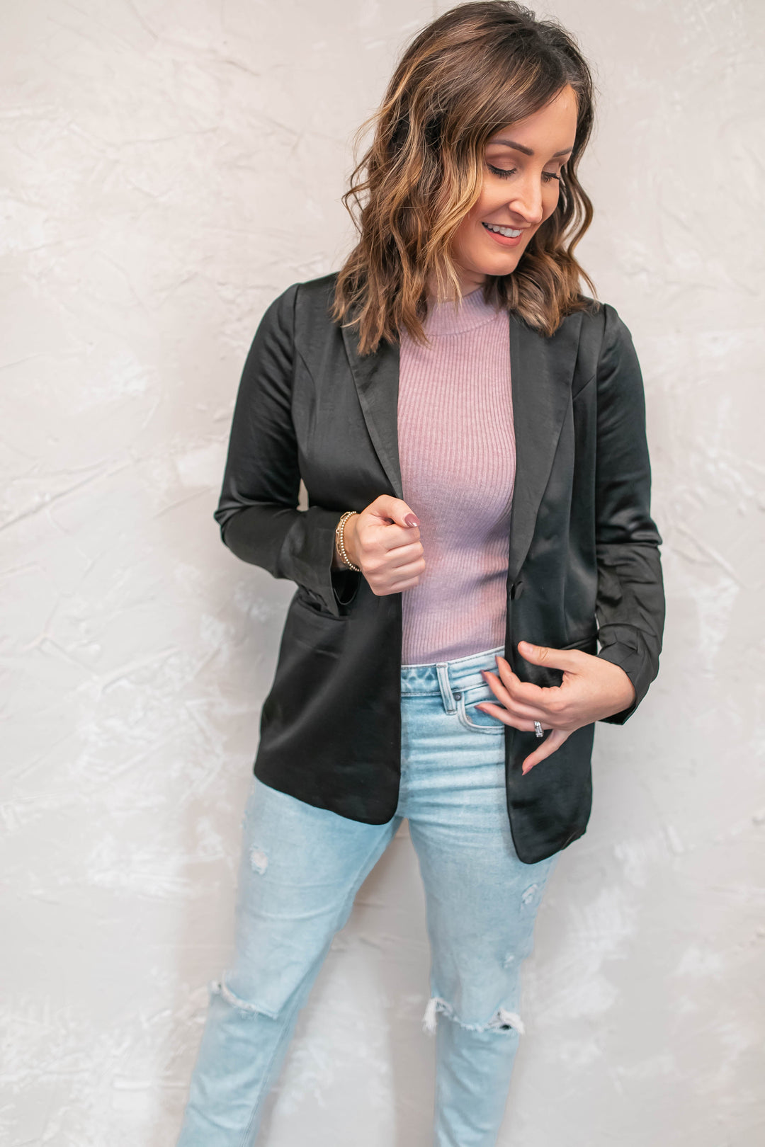 The Make a Move Black Satin Blazer - One Eleven Olive Boutique