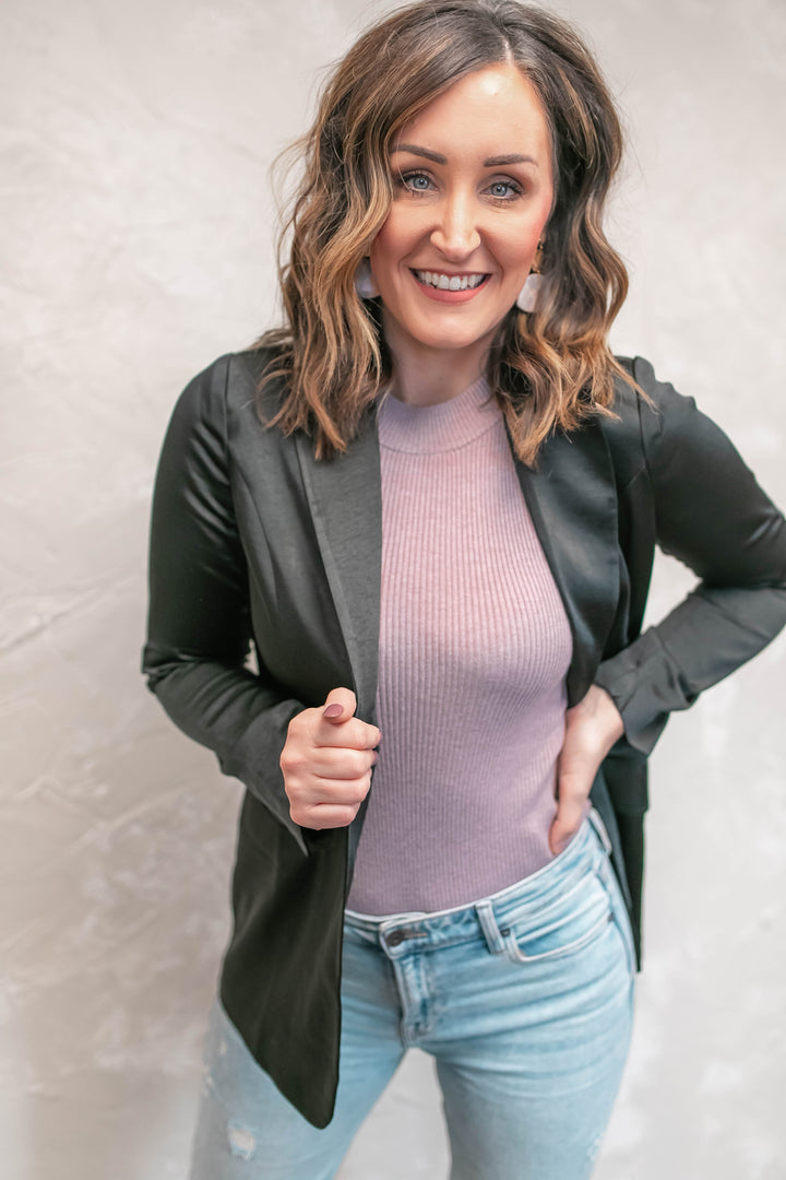 The Make a Move Black Satin Blazer - One Eleven Olive Boutique