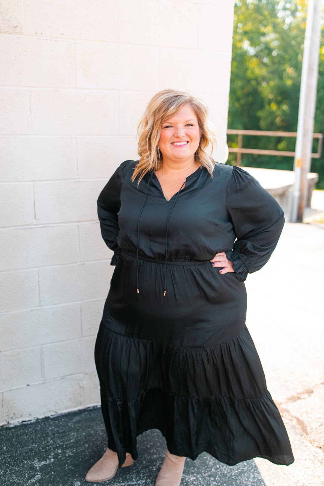 One Eleven Olive Boutique The Marlee Dress - Black (XS - 3XL) Black satin is sooo much better than regular plain black, amiright?! A classic piece that will be perfect for family pictures, weddings, and everything in between th