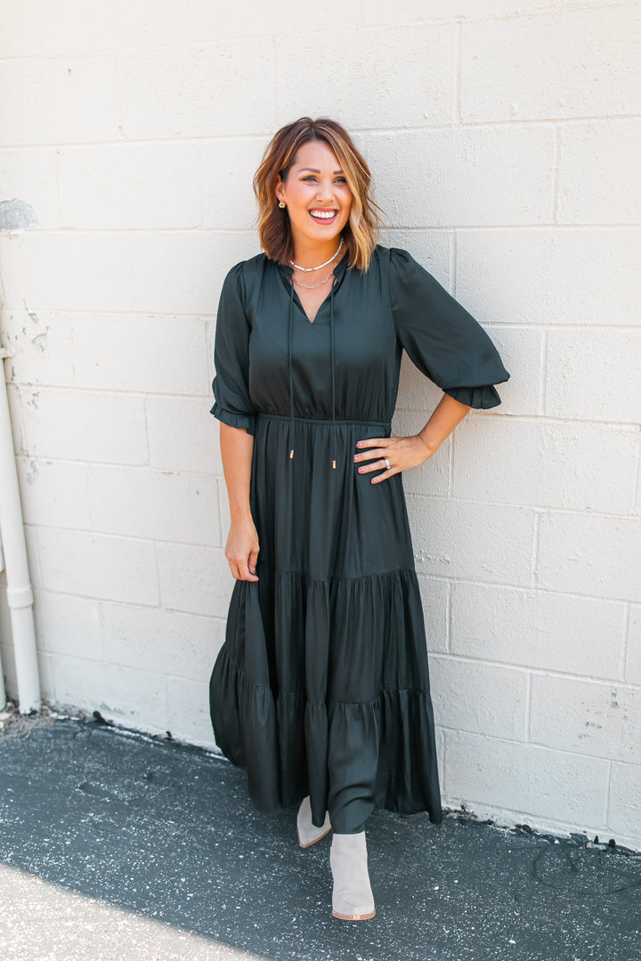 One Eleven Olive Boutique The Marlee Dress - Black (XS - 3XL) Black satin is sooo much better than regular plain black, amiright?! A classic piece that will be perfect for family pictures, weddings, and everything in between th