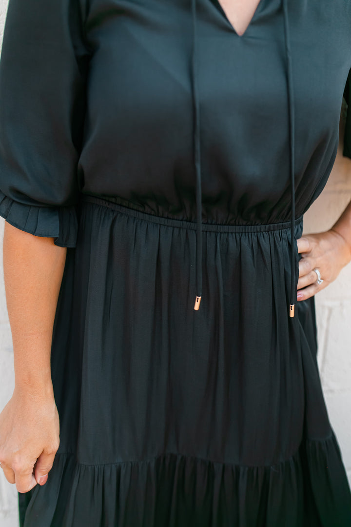 One Eleven Olive Boutique The Marlee Dress - Black (XS - 3XL) Black satin is sooo much better than regular plain black, amiright?! A classic piece that will be perfect for family pictures, weddings, and everything in between th