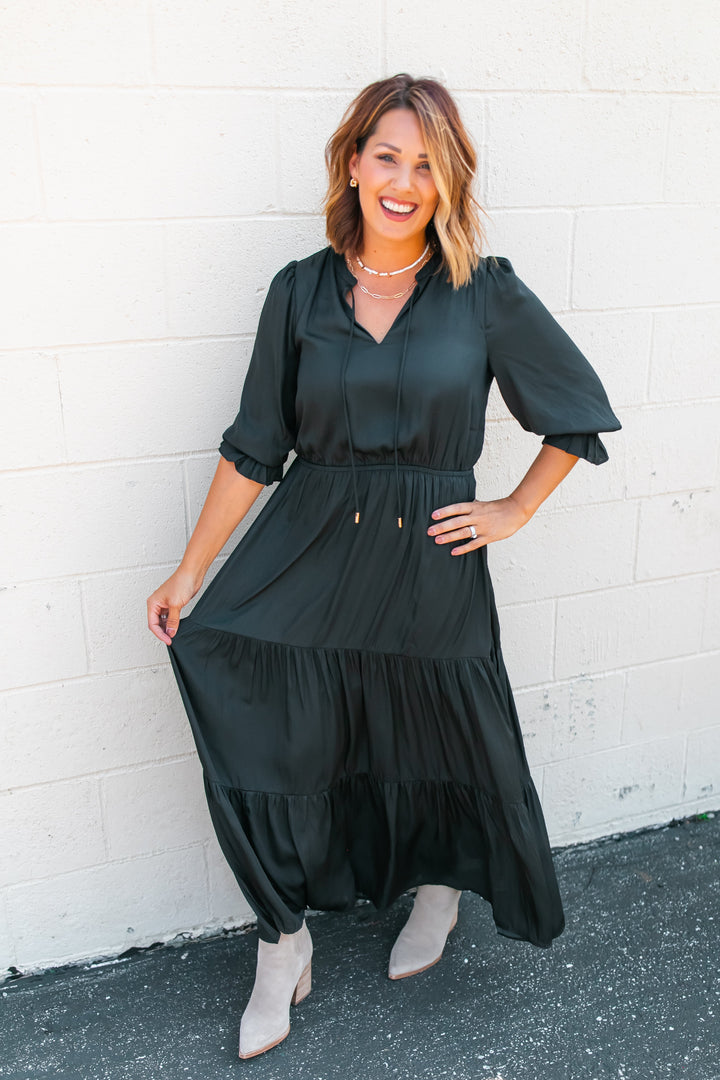 One Eleven Olive Boutique The Marlee Dress - Black (XS - 3XL) Black satin is sooo much better than regular plain black, amiright?! A classic piece that will be perfect for family pictures, weddings, and everything in between th