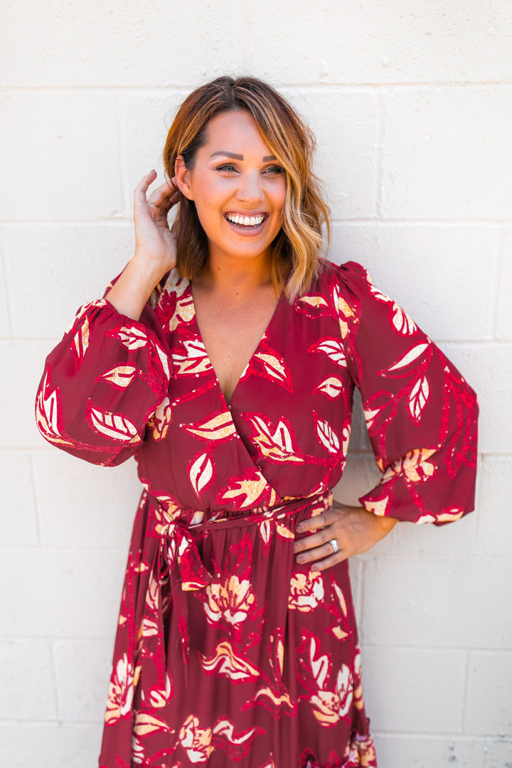 The Natalie Floral Midi Dress - Wine - One Eleven Olive Boutique