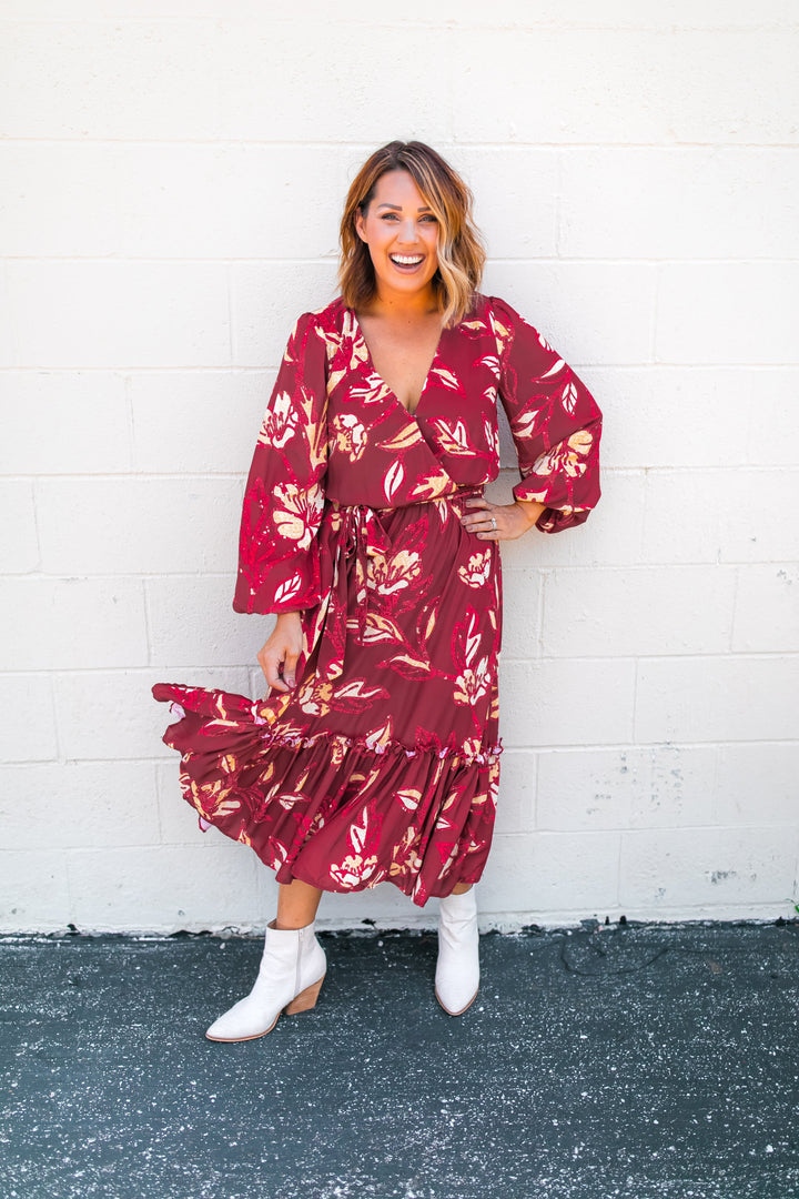 The Natalie Floral Midi Dress - Wine - One Eleven Olive Boutique