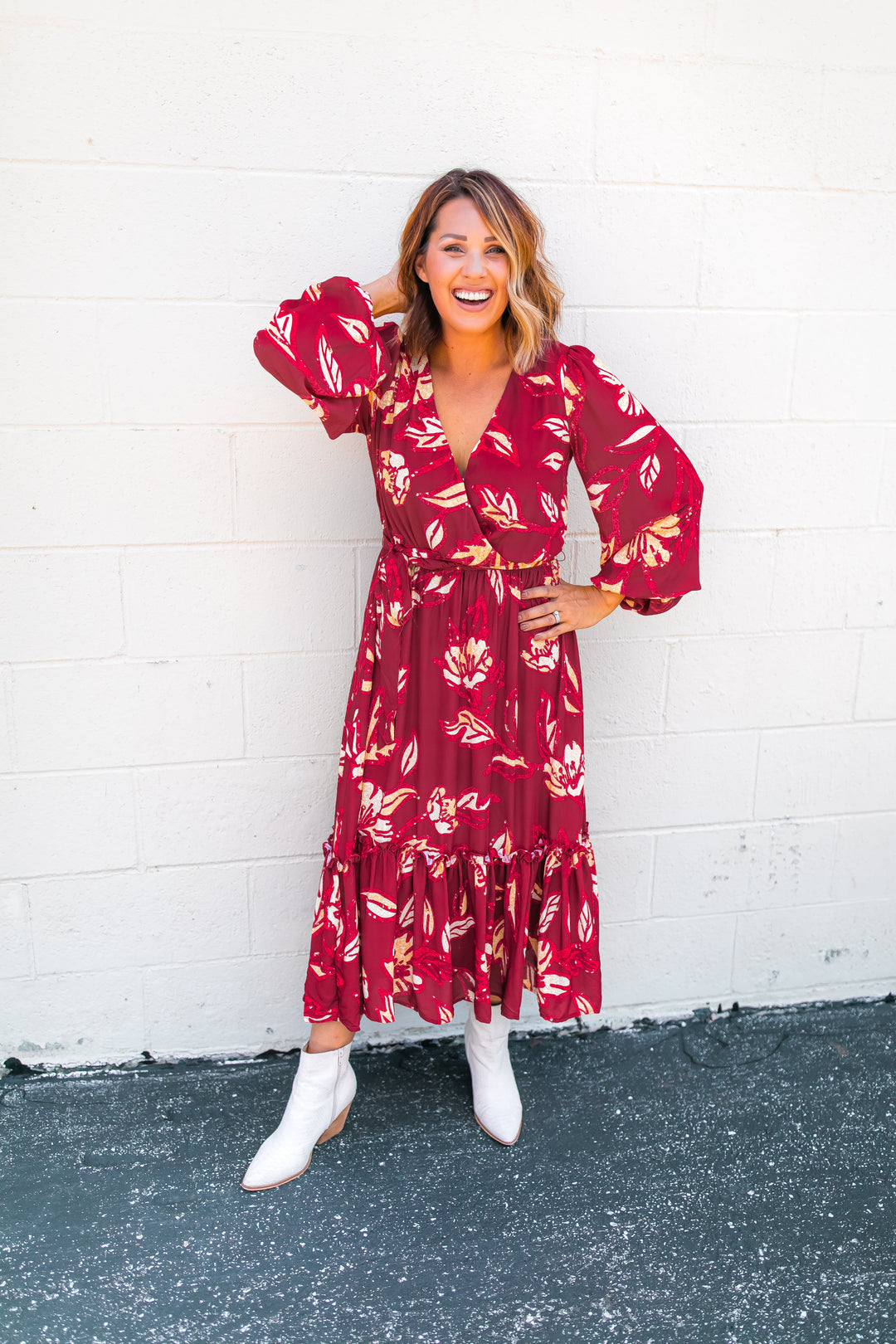 The Natalie Floral Midi Dress - Wine - One Eleven Olive Boutique