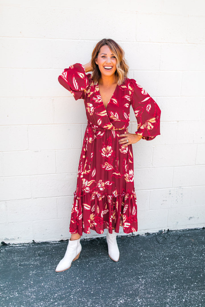 The Natalie Floral Midi Dress - Wine - One Eleven Olive Boutique