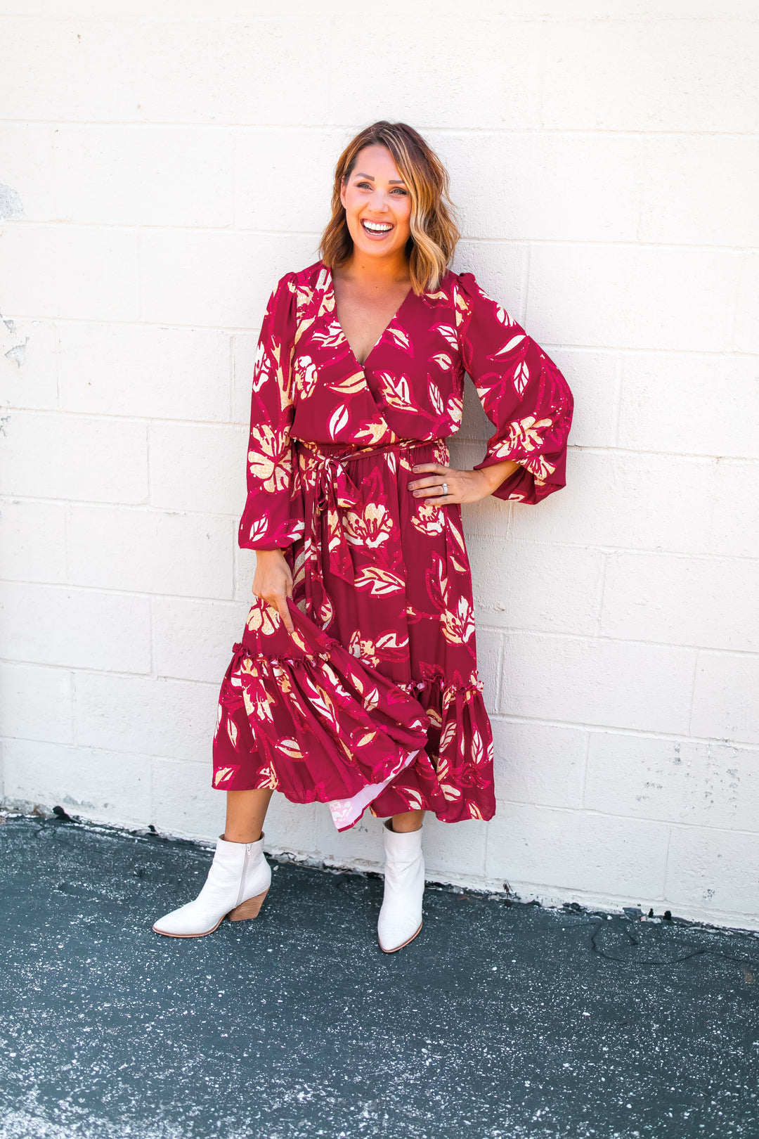 The Natalie Floral Midi Dress - Wine - One Eleven Olive Boutique
