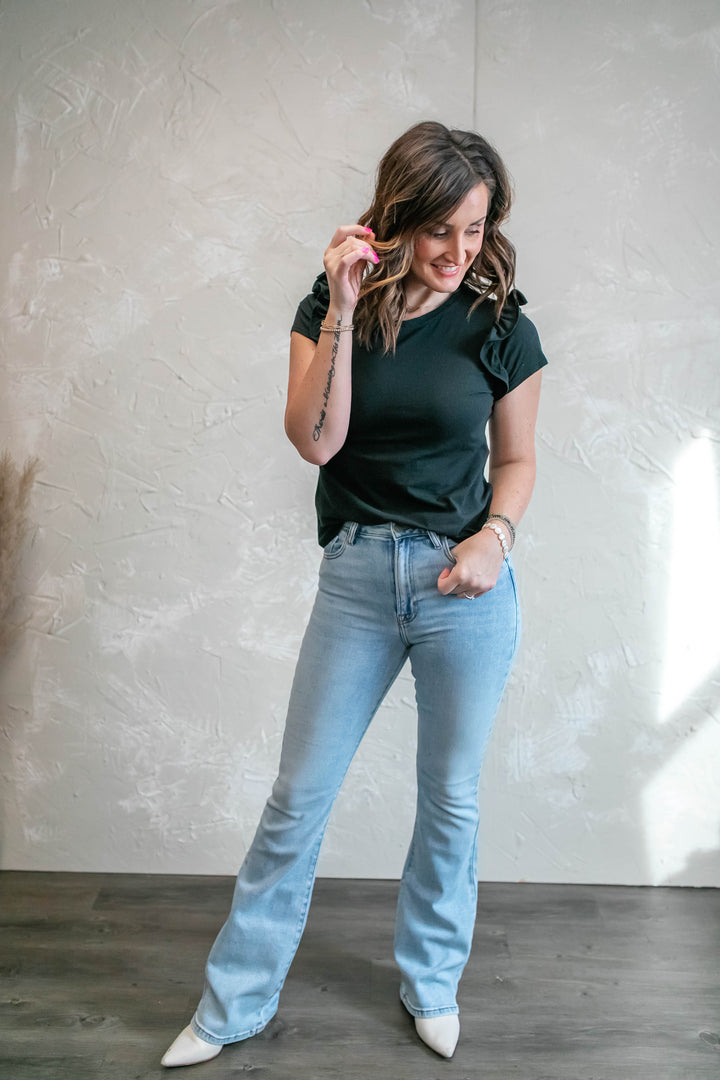 The Shawna Ruffle Sleeve Top - Black - One Eleven Olive Boutique