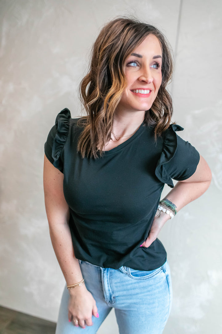 The Shawna Ruffle Sleeve Top - Black - One Eleven Olive Boutique