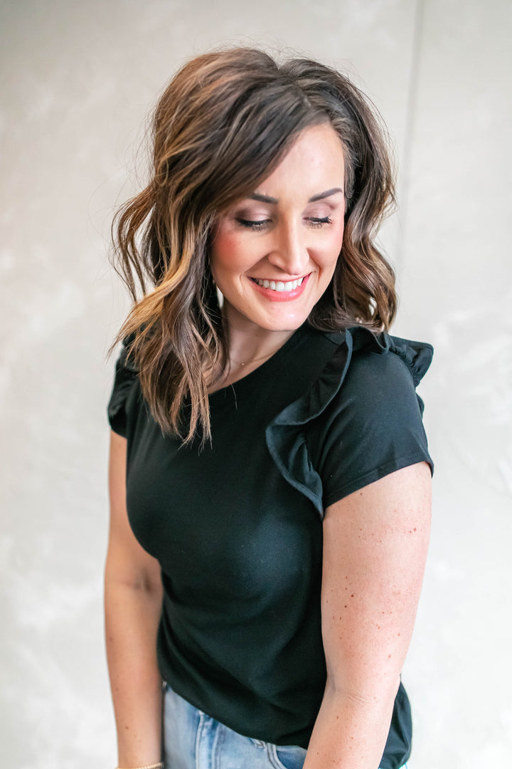The Shawna Ruffle Sleeve Top - Black - One Eleven Olive Boutique
