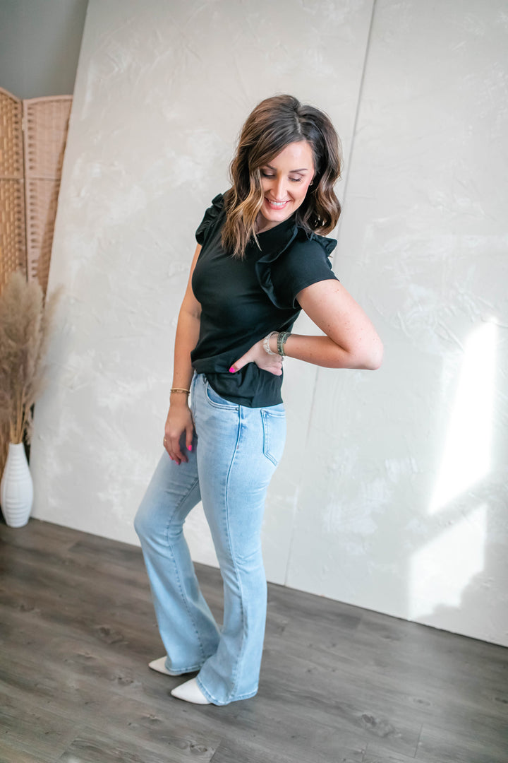 The Shawna Ruffle Sleeve Top - Black - One Eleven Olive Boutique
