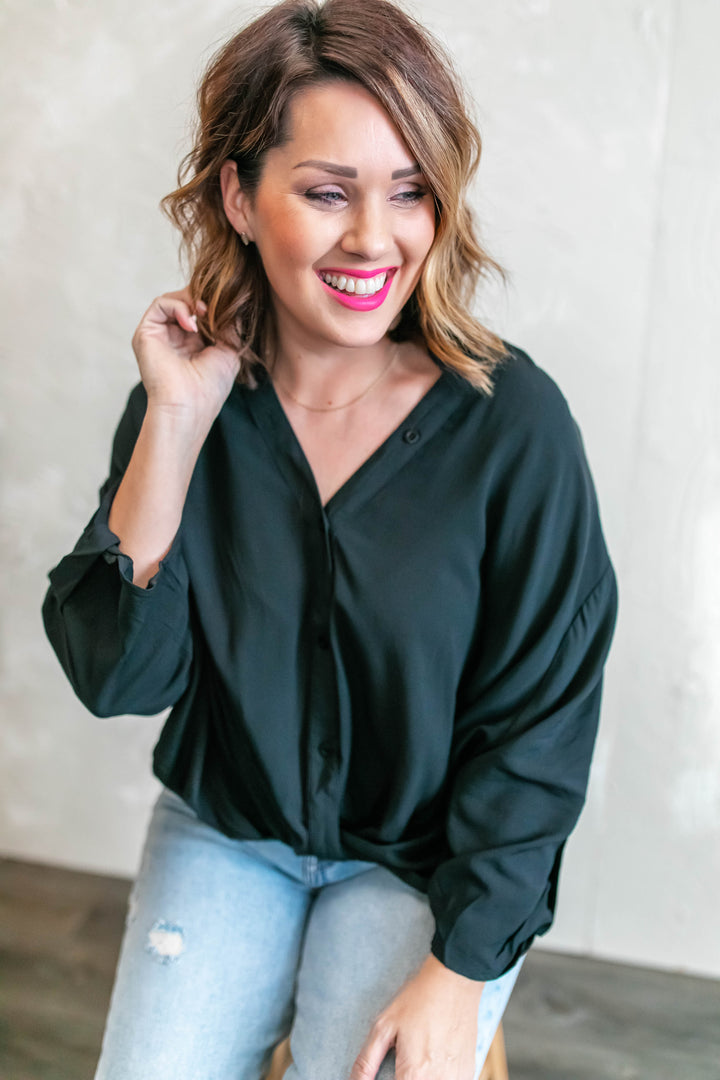 The Time Will Tell Button Up Blouse - Black - One Eleven Olive Boutique